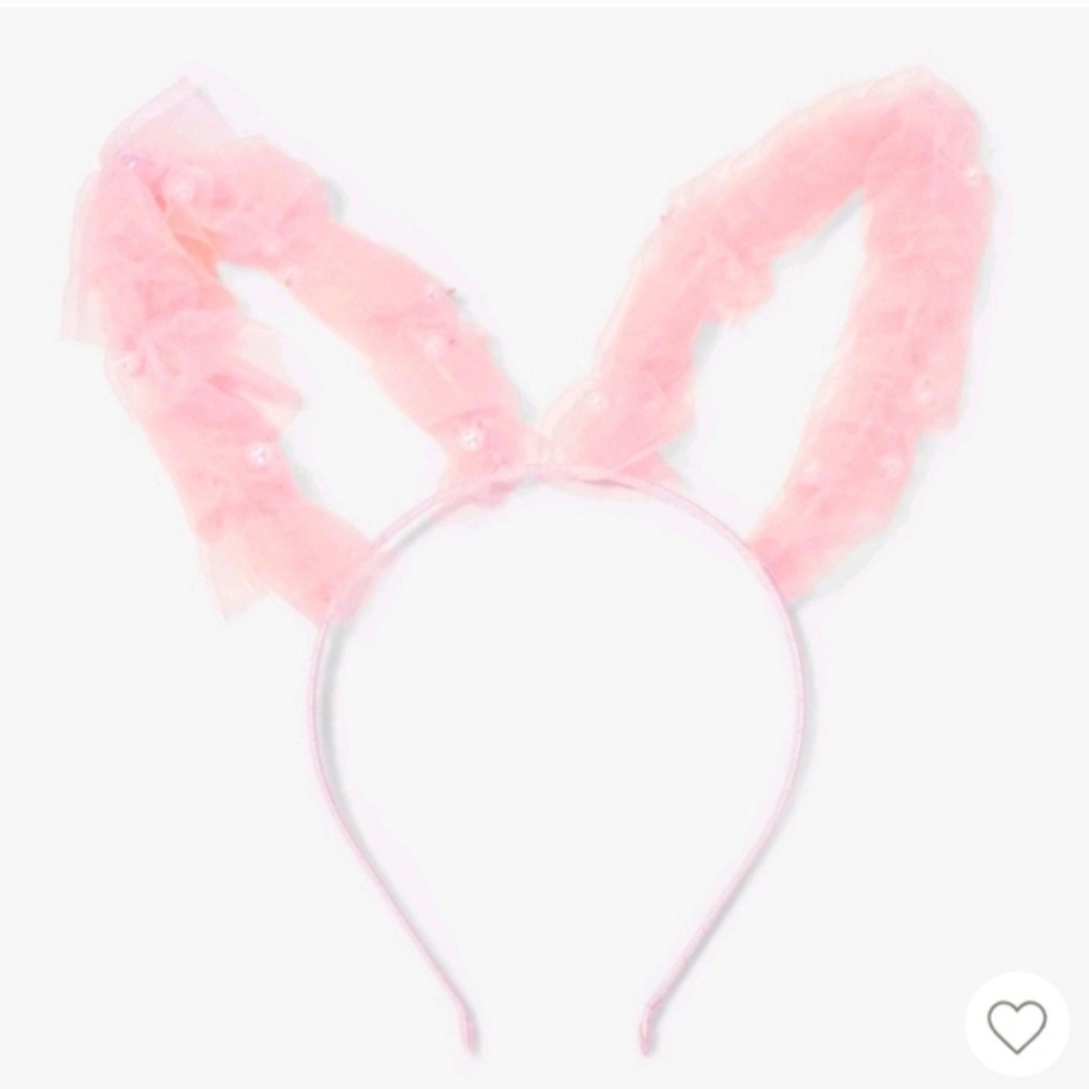 Adorable pink bunny ear headband with ruffled fabric and pearl accents. Perfect